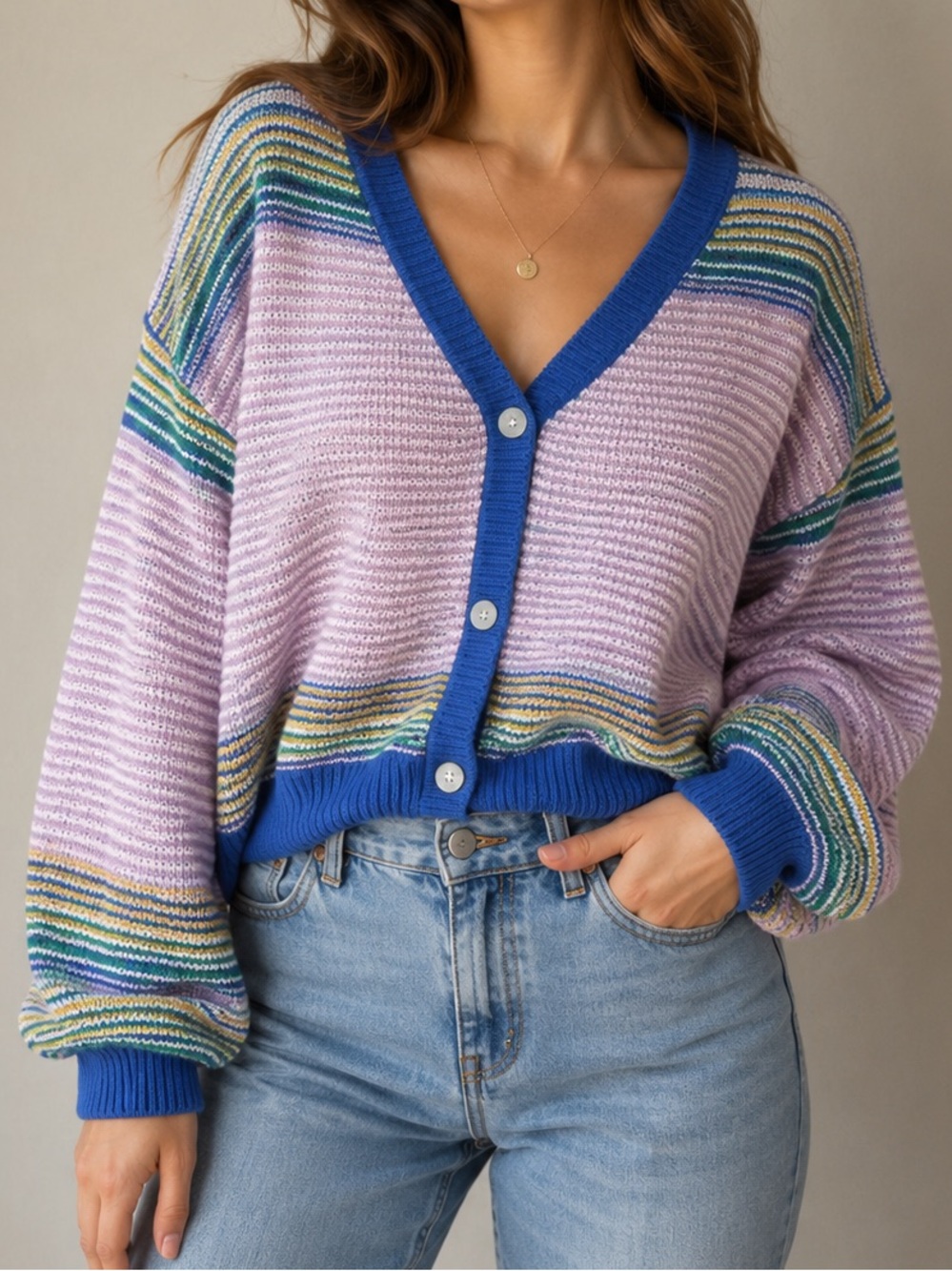 Striped V‑Neck Button Cardigan - Pastel Pink & Blue